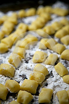Homemade Gnocchi Pasta with Flour on Cookie Sheet