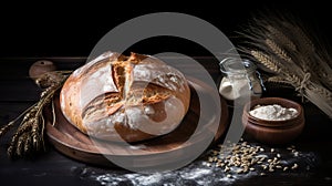 Homemade Goodness. Bread, Flour, and Wheat on a Dark Wooden Board. Generative AI