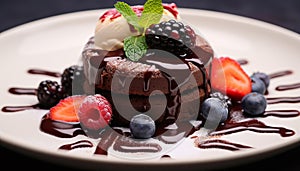 Homemade gourmet chocolate cake with fresh berry decoration generated by AI