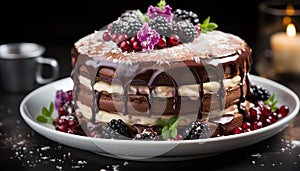 Homemade gourmet chocolate cake with raspberry and blueberry decoration generated by AI
