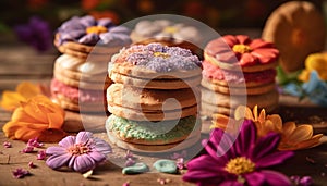 A homemade gourmet dessert plate with fresh baked cookies and macaroons generated by AI