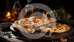 Homemade gourmet pizza, fresh ingredients on rustic wooden table generated by AI