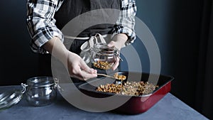 Homemade Granola at baking sheet