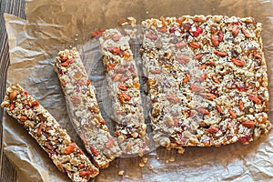 Homemade granola bars on the baking paper