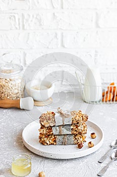 Homemade granola bars with pumpkin seeds and dried apricots