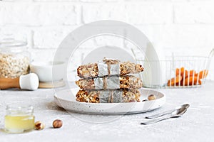 Homemade granola bars with pumpkin seeds and dried apricots