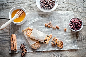 Homemade granola bars on the sackcloth