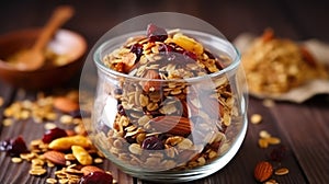 homemade granola with dried fruits and nuts in a glass jar Generative AI