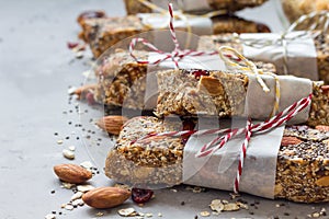 Homemade granola energy bars, healthy snack, copy space