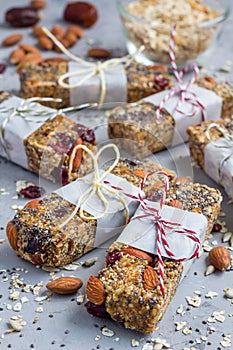 Homemade granola energy bars, healthy snack, top view