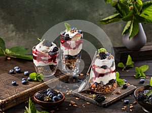 Homemade granola with greek yogurt, berries jam and fresh blackberries and blueberries in glasses