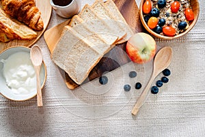 Homemade Granola Muesli Oatmeal for Breakfast Food, Granola With Fresh Fruit and Bread Bake for Breakfast. Natural Baked Muesli