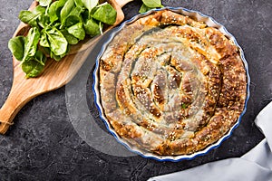 Homemade greek spanakopita pie with organic spinach