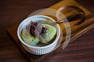 Homemade green tea or matcha ice cream with sweet red bean
