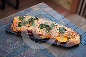 Homemade Grilled Salmon whole filet on a Cedar Plank
