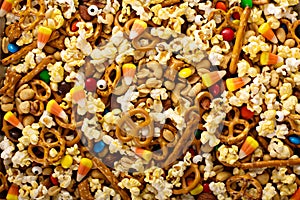 Homemade Halloween trail mix with popcorn, pretzels and nuts