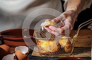 Homemade ham croquette, typical Spanish cuisine recipe, fried delicious snak food