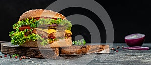 Homemade hamburger with beef, tomato, cheese, and lettuce, Long banner format