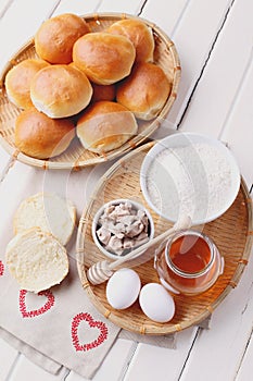 Homemade hamburger buns with ingredients