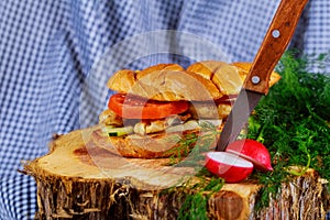 Homemade hamburger with chicken wood board closeup