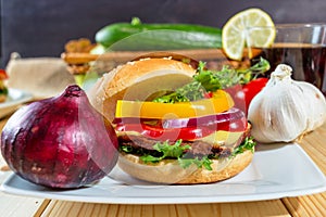Homemade hamburger with fresh vegetables