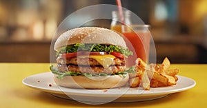 Homemade hamburger with fresh vegetables on wooden table, closeup