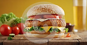 Homemade hamburger with fresh vegetables on wooden table, closeup