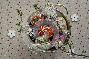 Homemade handmade painted Easter eggs in decorative tin on dotted tablecloth decorated with blackthorn sloe branch