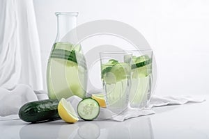 Homemade healthy detox lemonade with fresh cucumber and lemon on white kitchen