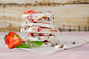 Homemade healthy frozen strawberry yogurt bark.