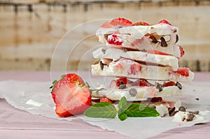 Homemade healthy frozen strawberry yogurt bark.