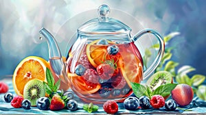 Homemade healthy hot fruit tea with fresh ripe orange, apple, mint leaves and twigs of thyme in glass teapot or kettle