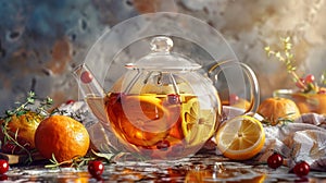 Homemade healthy hot fruit tea with fresh ripe orange, apple, mint leaves and twigs of thyme in glass teapot or kettle