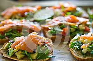 Homemade healthy sandwiches with salmon and avocado