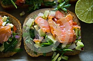 Homemade healthy sandwiches with salmon and avocado