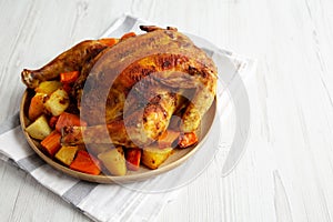 Homemade Hearty Roasted Chicken on a Plate, side view. Space for text