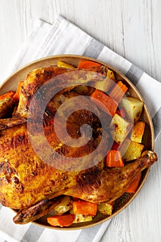 Homemade Hearty Roasted Chicken on a Plate, top view. Flat lay, overhead, from above