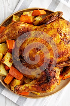 Homemade Hearty Roasted Chicken on a Plate, top view. Flat lay, overhead, from above