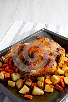 Homemade Hearty Roasted Chicken on Tray, side view
