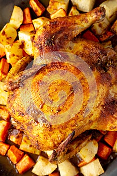 Homemade Hearty Roasted Chicken on Tray, top view