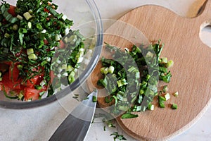 Homemade herb tomato and salad cut on the wooden board