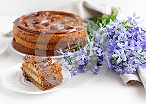 Homemade honey cake decorated with caramel on a light background. Home baking concept