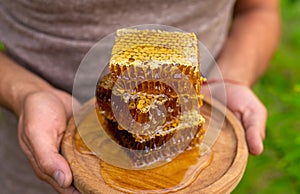 Homemade honey in the garden in the hands of a man. Selective focus.