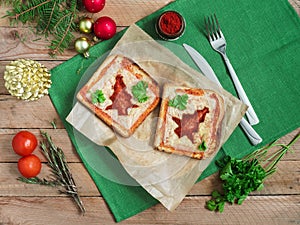 Homemade hot cheese sandwiches decorated for christmas