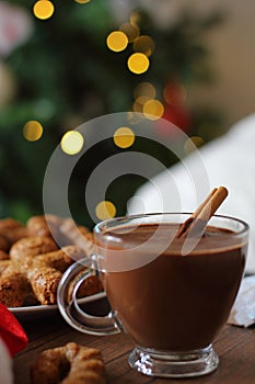 Homemade hot chocolate with cinnamon in glass mug with gingerbread.