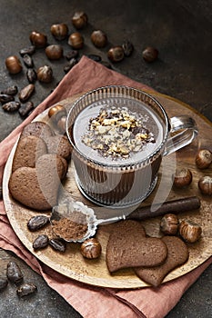 Homemade hot chocolate in glass mug