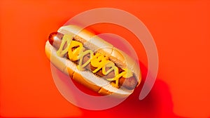 Homemade hot dog above view on a orange table. One hot dog with ketchup and mustard isolated on a colored background.