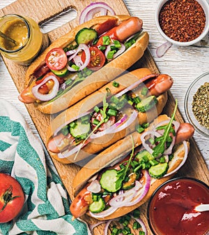 Homemade hot-dogs with vegetables, ketchup, mustard and spices