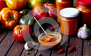 Homemade hot tomato sauce adjika in jars - Tomatoes, chilli pepper, garlic, herbs on wooden table.