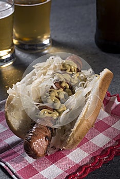 Homemade hotdog Bratwurst with sauerkraut